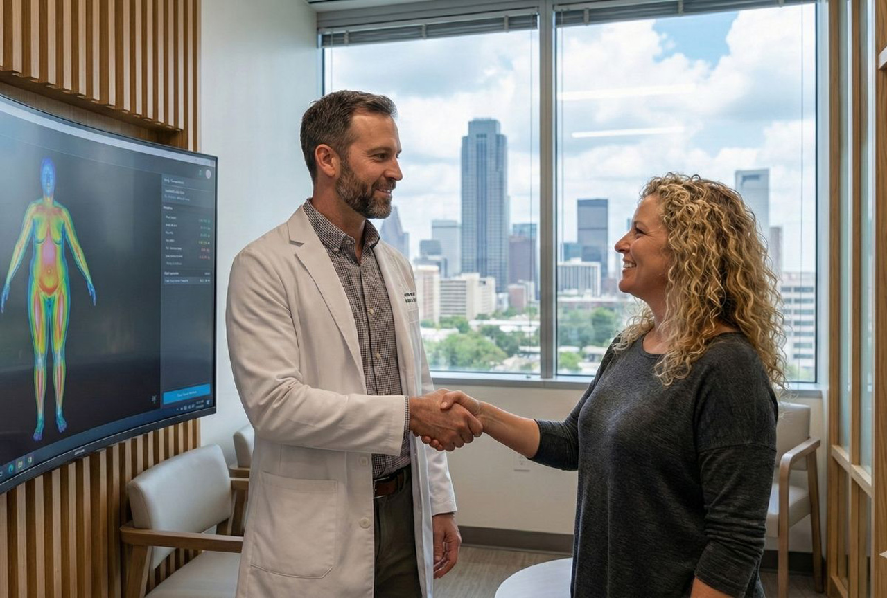 A doctor and a happy patient shake hands after reviewing a high-tech body composition scan at a medical weight loss clinic houston.