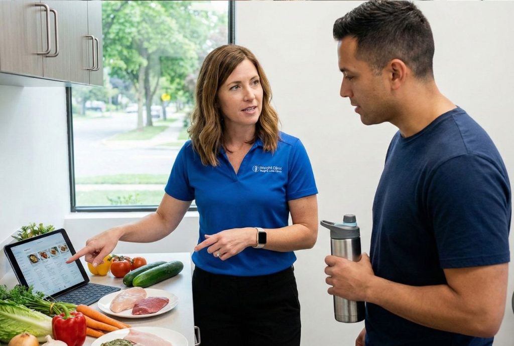 A female nutrition coach provides personal dietary advice and meal planning on a tablet to a man at our weight loss clinic houston.