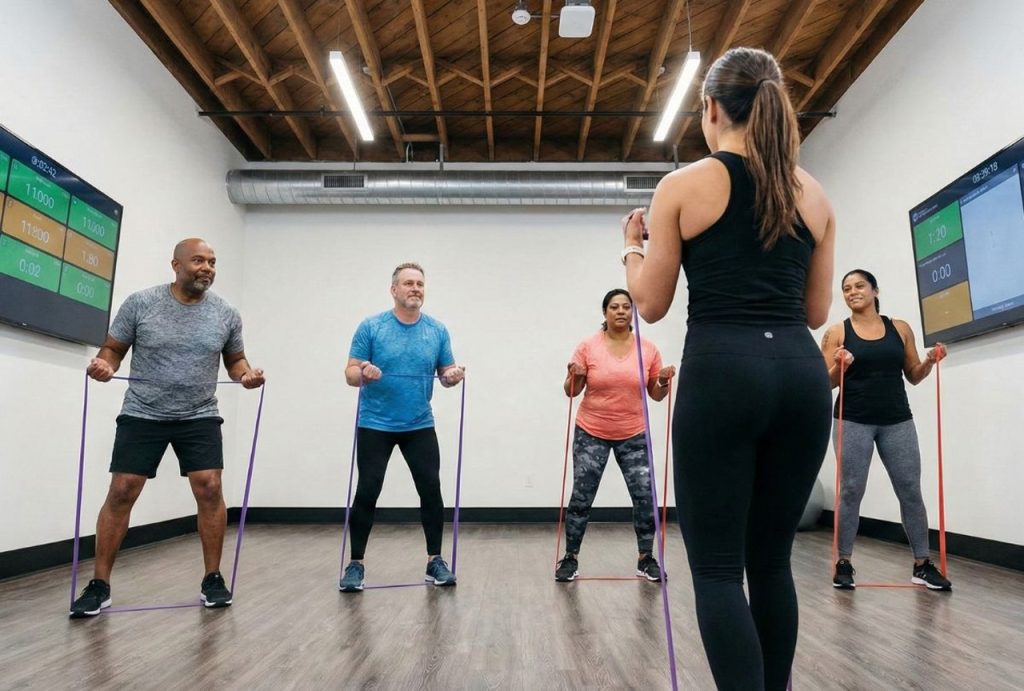 A group fitness class with resistance bands at a weight loss clinic houston, led by a trainer in a modern studio with data screens.