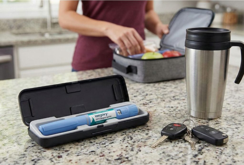 A Wegovy pen in an open case on a counter next to a packed lunch, showing how glp-1 medications houston fit into a daily routine.