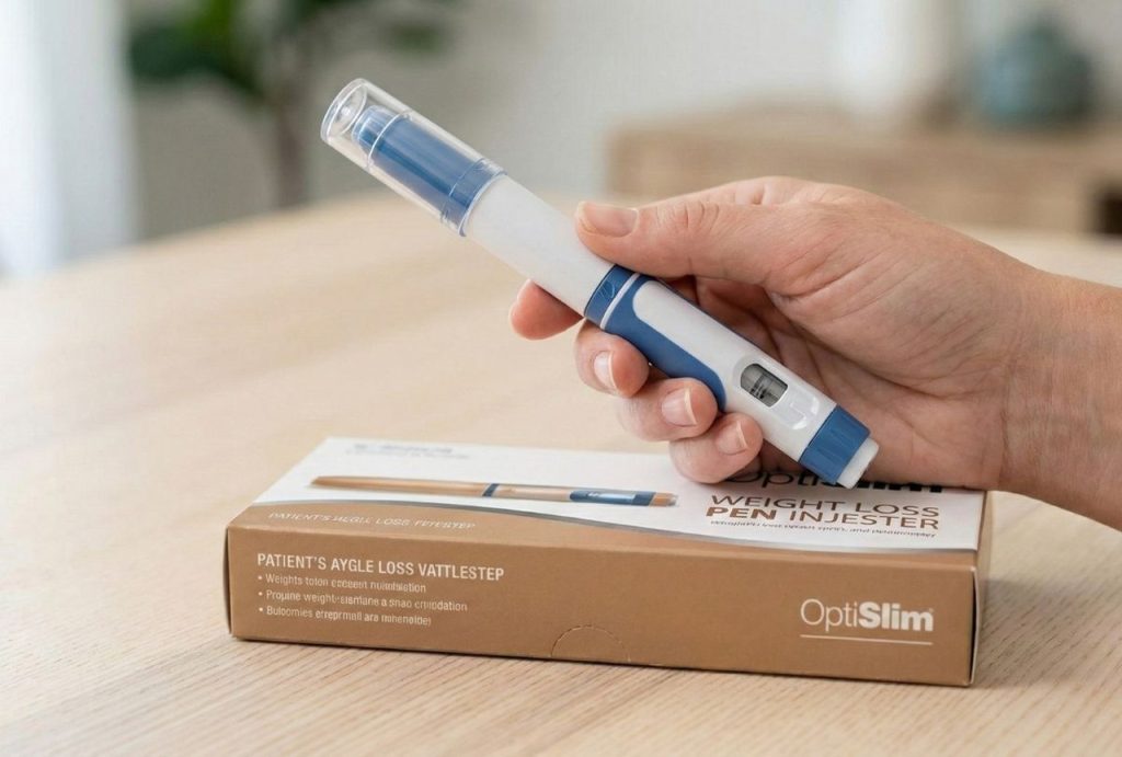 Close-up of a hand holding a prescription weight loss injection pen available from a specialist doctor in Houston.