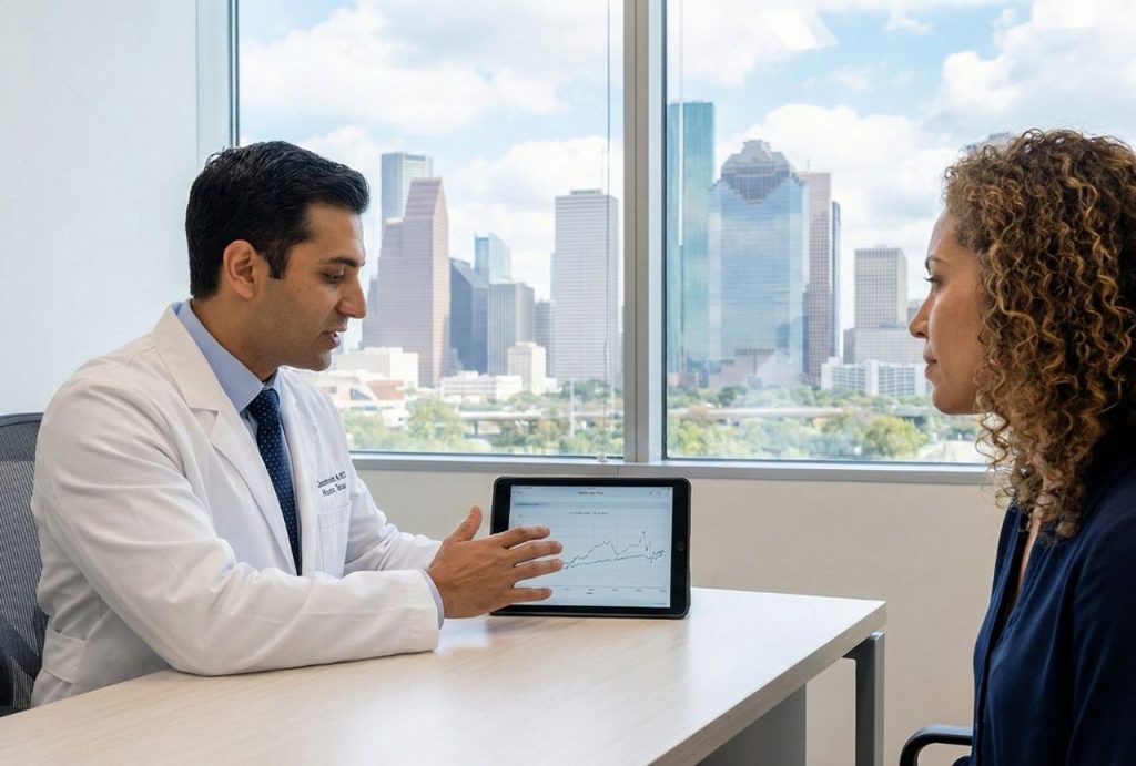 Doctor consults with a patient using a tablet to review progress for her medical weight loss houston plan, with city view.