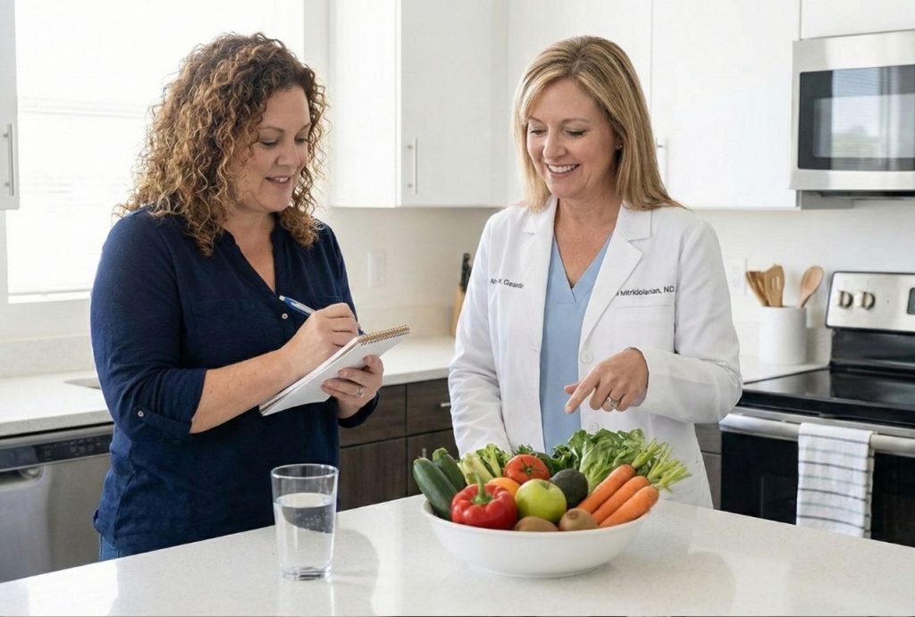 Houston weight loss doctor discussing healthy diet and vegetables with a patient to support weight loss injections.
