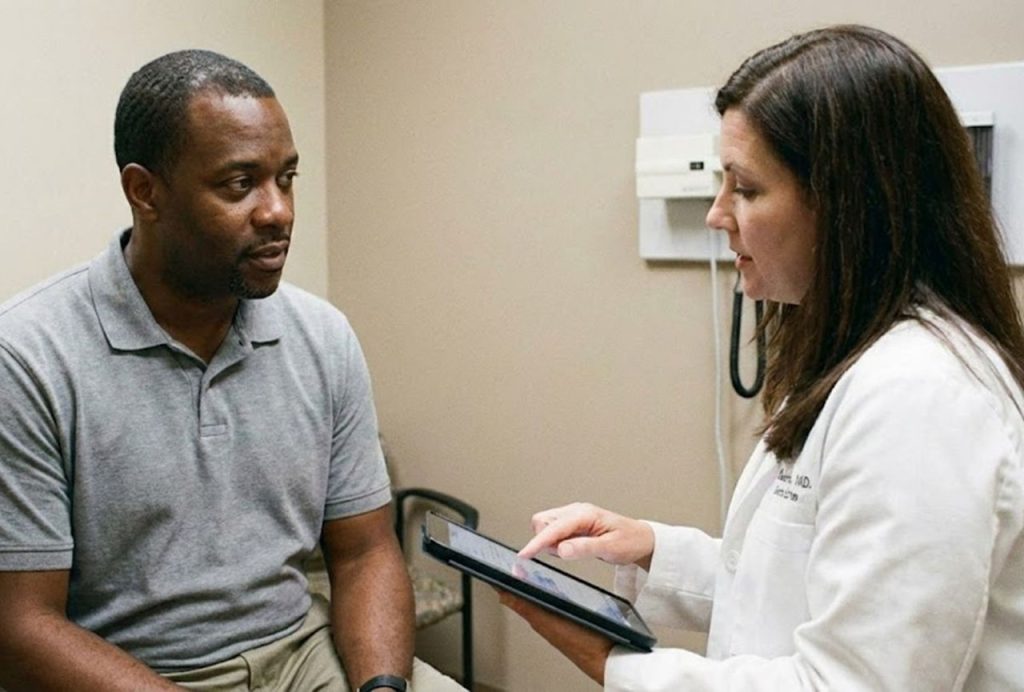 GLP-1 medications Houston: Doctor explains weight loss treatment options during patient consultation in clinic.