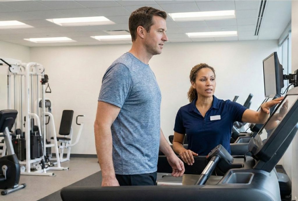 Man exercising on a treadmill with a trainer in a gym, as part of a comprehensive medical weight loss houston program.