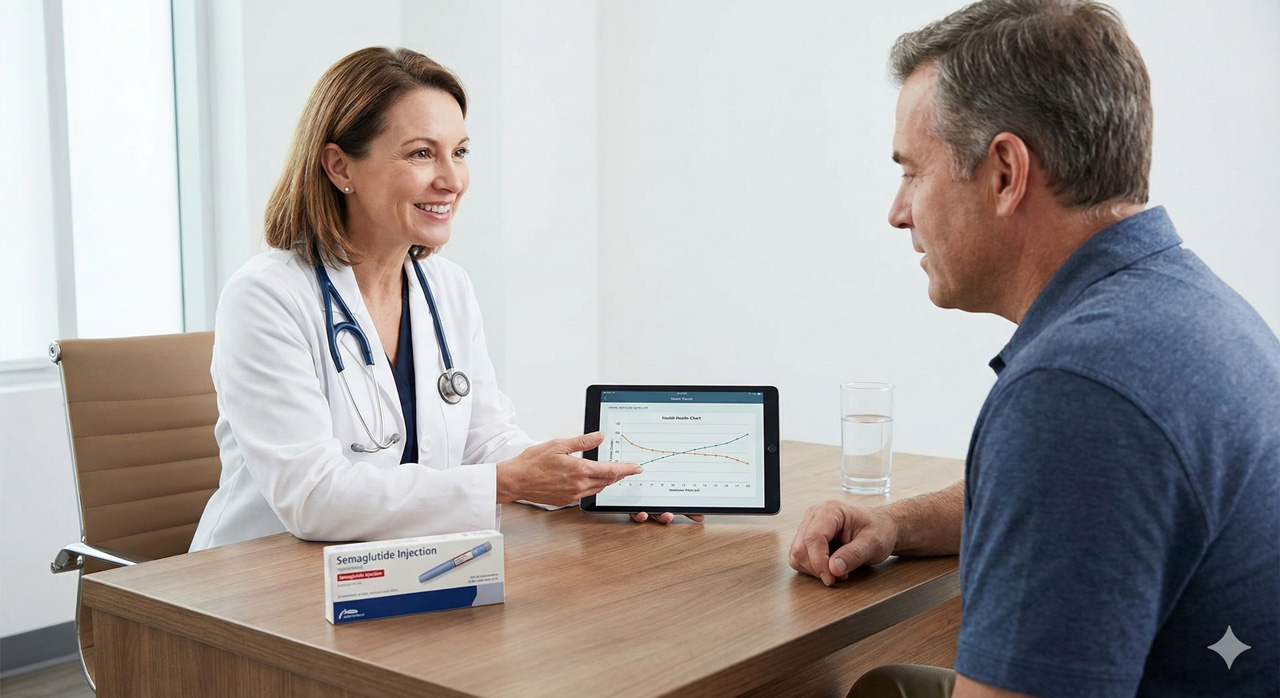 Physician discussing health chart with patient in clinic, semaglutide box on table: Personalized GLP-1 weight loss Houston consultations for tracking progress and better outcomes.