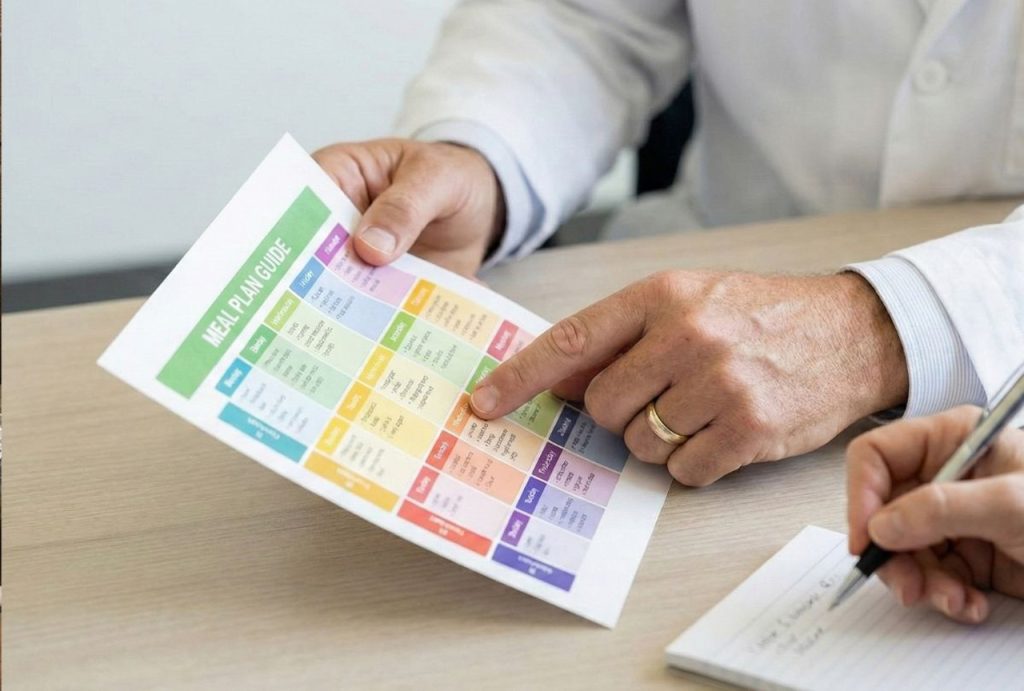 Weight loss doctor in Houston reviews a personalized meal plan guide with a female patient during a consultation.