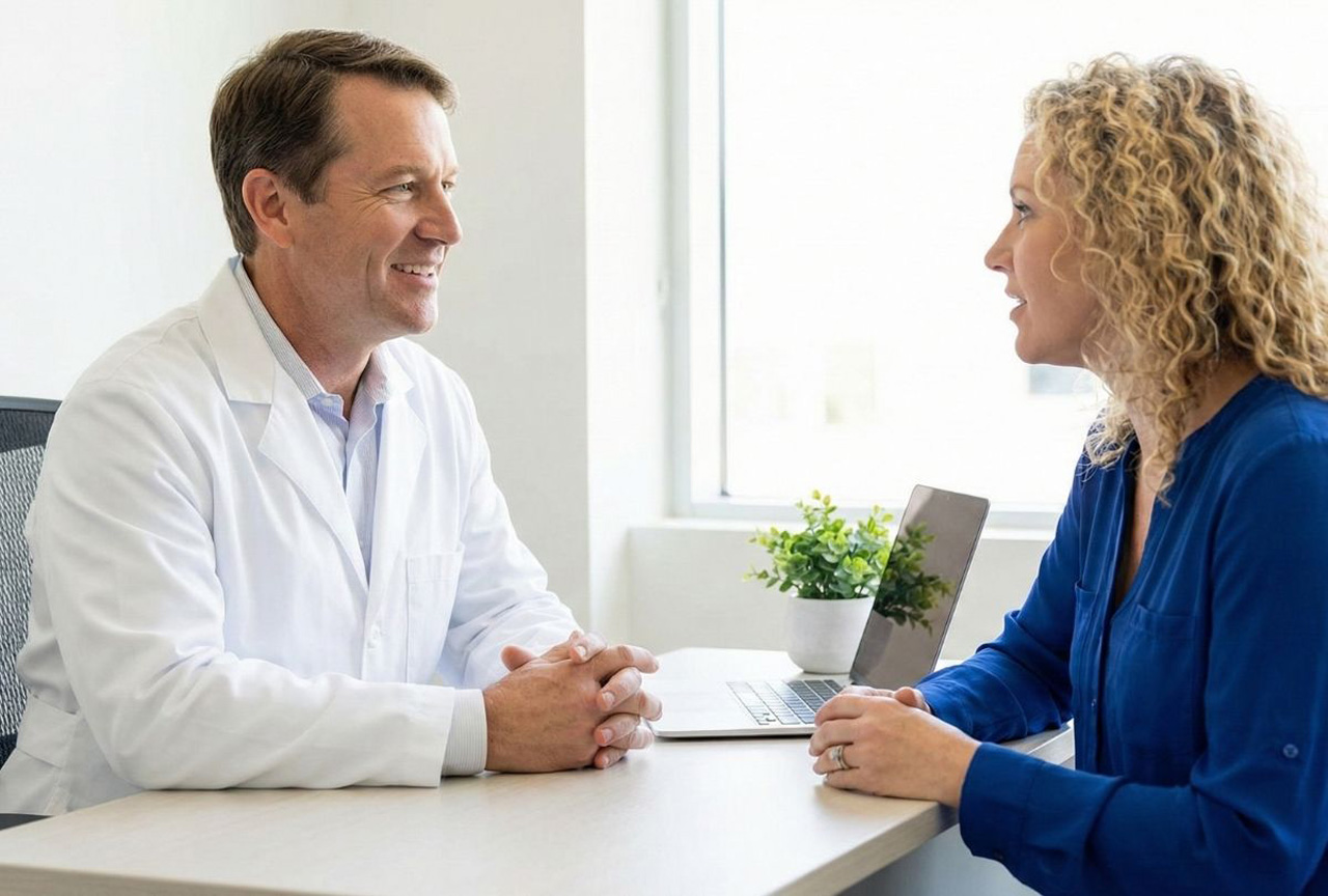 Smiling weight loss doctor in Houston having a discussion with a female patient in a clinic, discussing a healthy plan.
