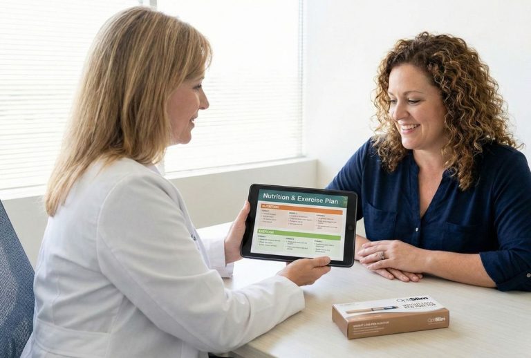 Weight loss doctor in Houston reviewing a digital nutrition plan next to a box of prescribed weight loss injections.