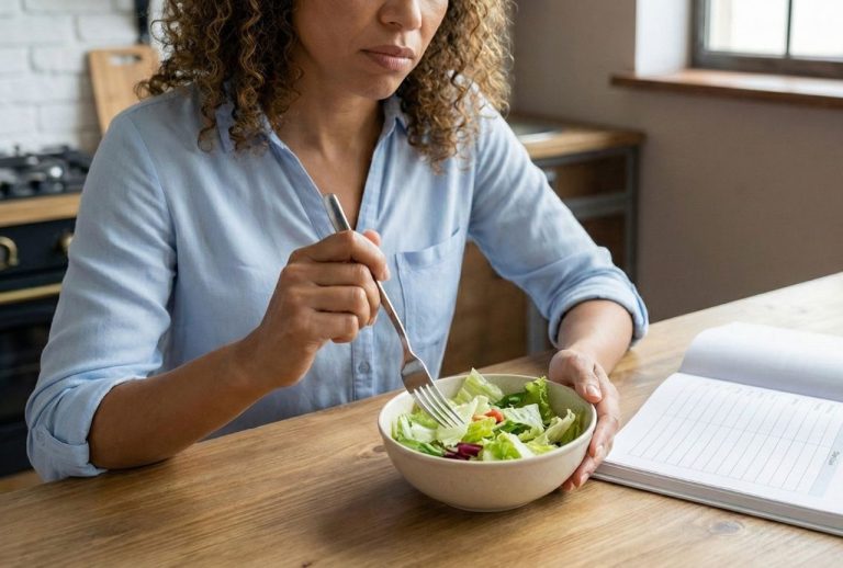 Woman enjoying a healthy green salad at a table, following her personalized plan for medical weight loss houston.