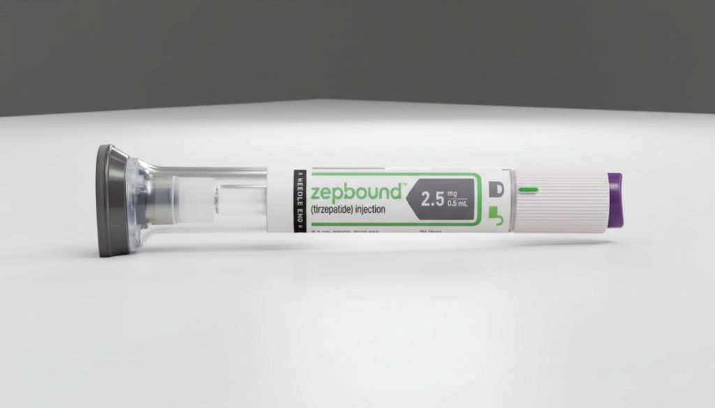 A 2.5mg Zepbound tirzepatide injection pen on a white surface, ideal for those seeking Zepbound coverage Houston