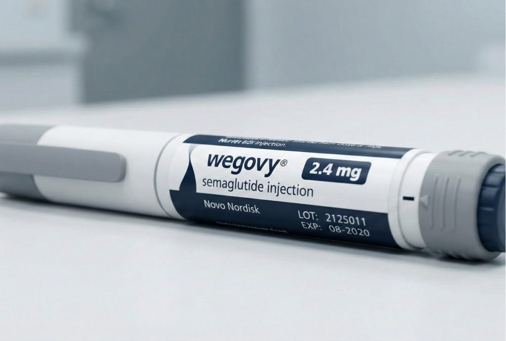 A close-up of a Wegovy 2.4 mg semaglutide injection pen, representing the medication options available when researching Wegovy cost in Houston.