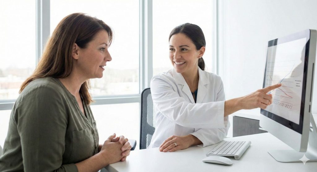 A doctor and patient review a medical weight loss Houston plan on a computer screen during a consultation at a clinic.