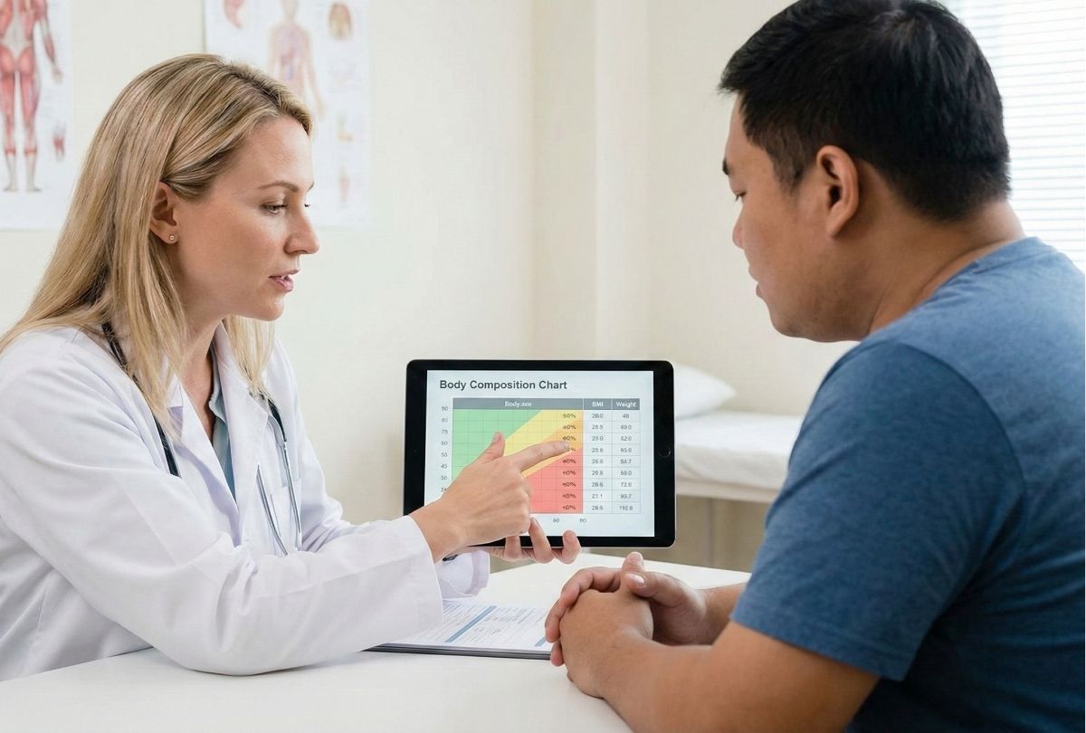 A doctor explains a body composition chart on a tablet to a patient during a consultation at a glp-1 clinic houston.