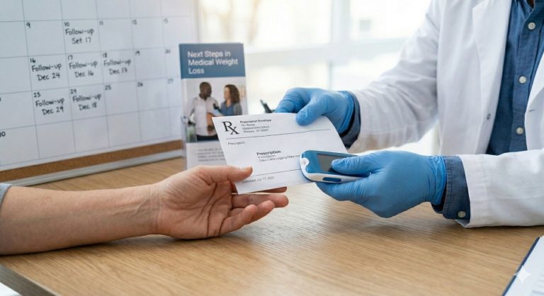 A doctor handing a weight loss prescription and digital tracker to a patient in a structured medical weight loss Houston program.