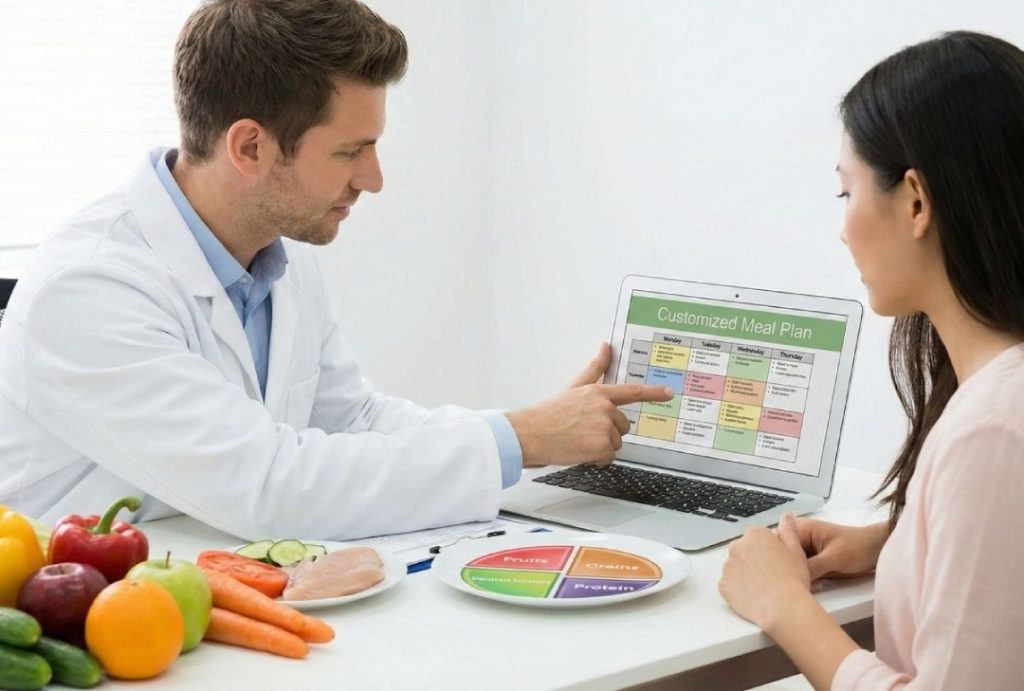 A doctor reviews a customized meal plan on a laptop with a patient at a weight loss clinic in Houston.
