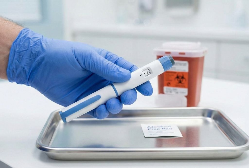 A gloved medical professional prepares a glp-1 injection pen for patient administration at a glp-1 clinic houston.