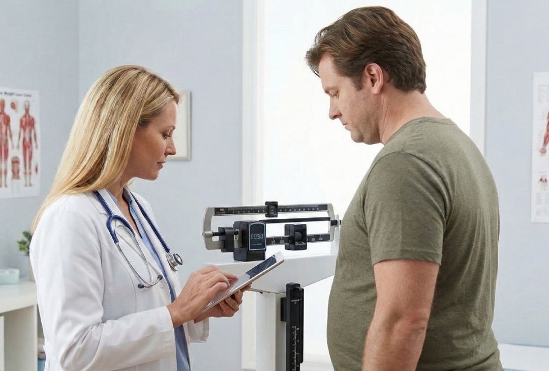 A medical professional records a patient's weight on a digital tablet at a specialized weight loss clinic houston.
