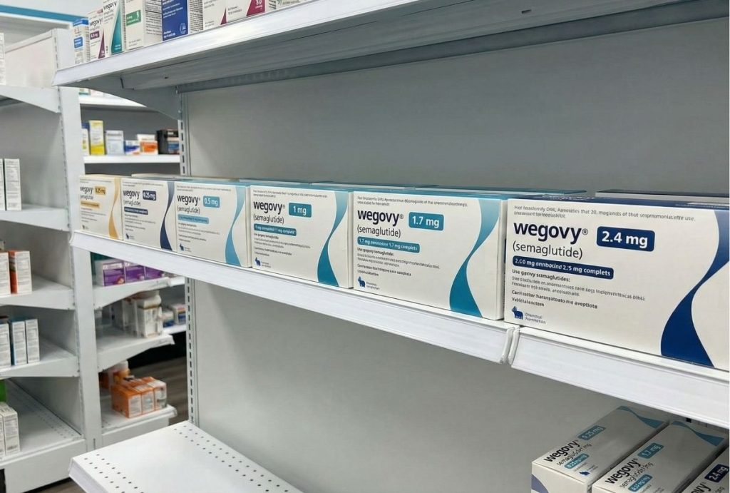 Multiple boxes of Wegovy in different dosages stocked on a pharmacy shelf, illustrating supply for those researching wegovy cost houston.