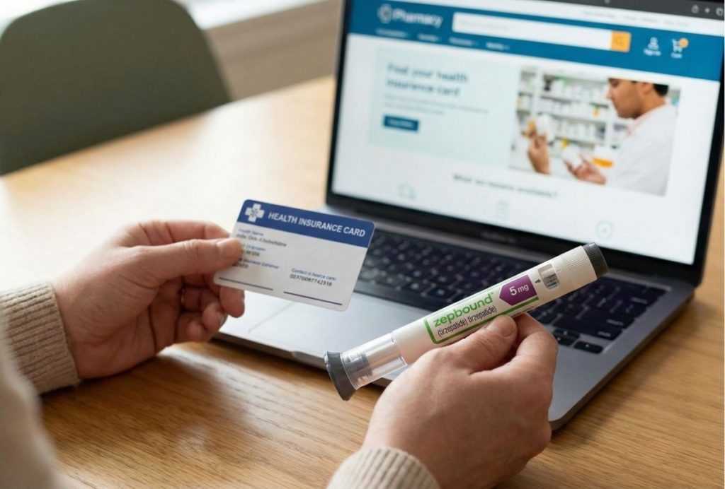 Patient checking health insurance for Zepbound coverage Houston while holding a 5mg tirzepatide injection pen