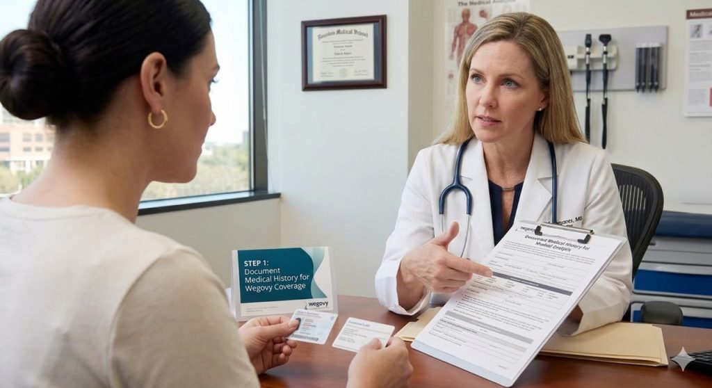 A doctor and patient review insurance documentation for a Houston Wegovy prescription.