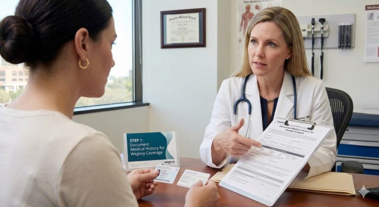 A doctor and patient review insurance documentation for a Houston Wegovy prescription.