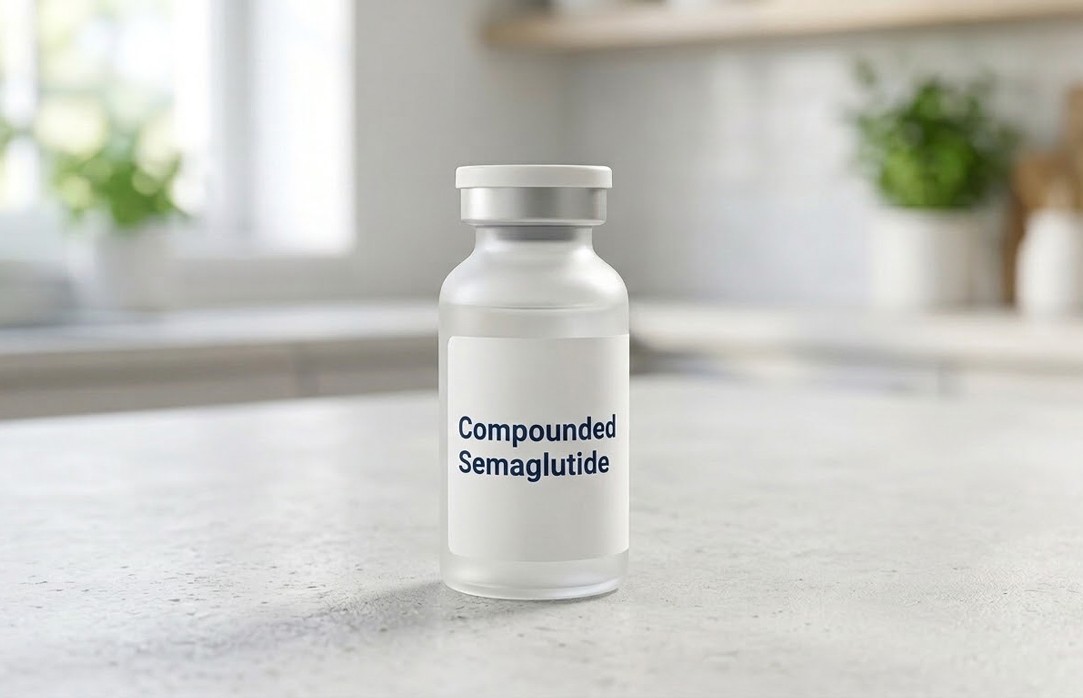 A frosted glass vial of medical compounded semaglutide Houston for weight loss on a modern counter.