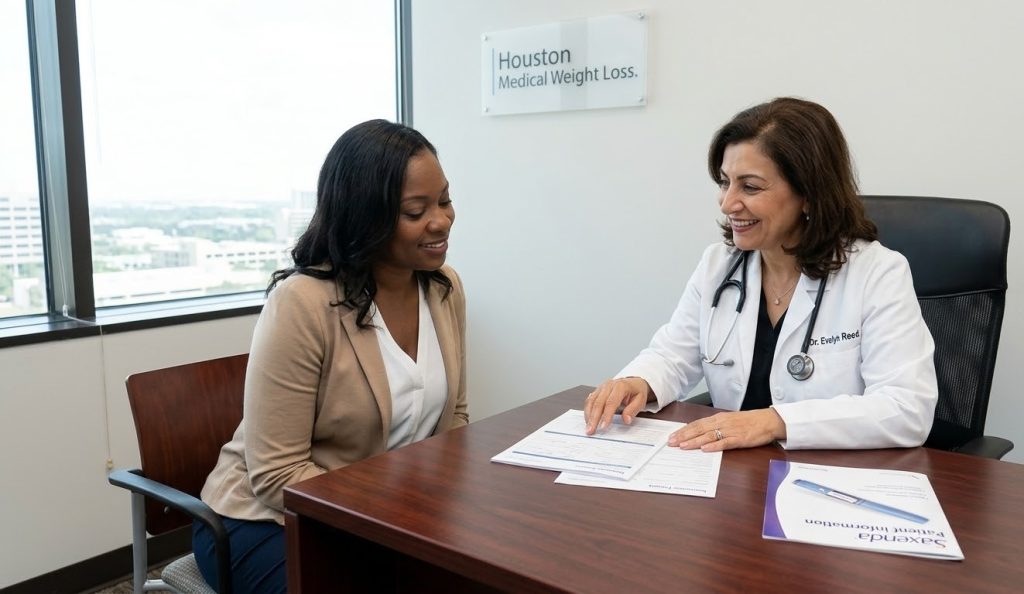 A Houston medical weight loss doctor discussing realistic options for Saxenda coverage with a patient during a consultation.