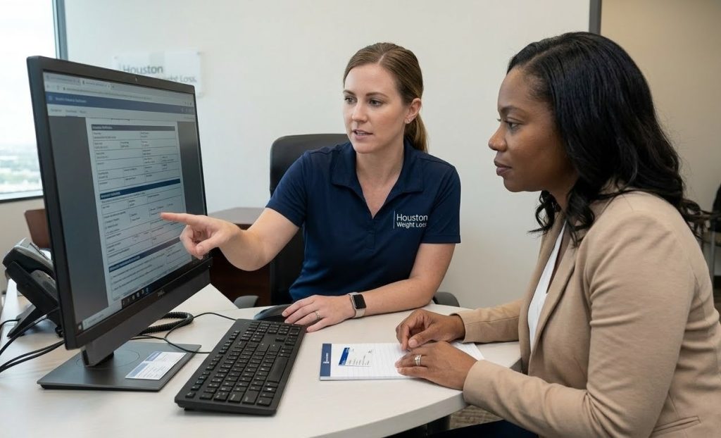Patient and insurance coordinator verify saxenda coverage Houston options, looking at forms on a computer screen.