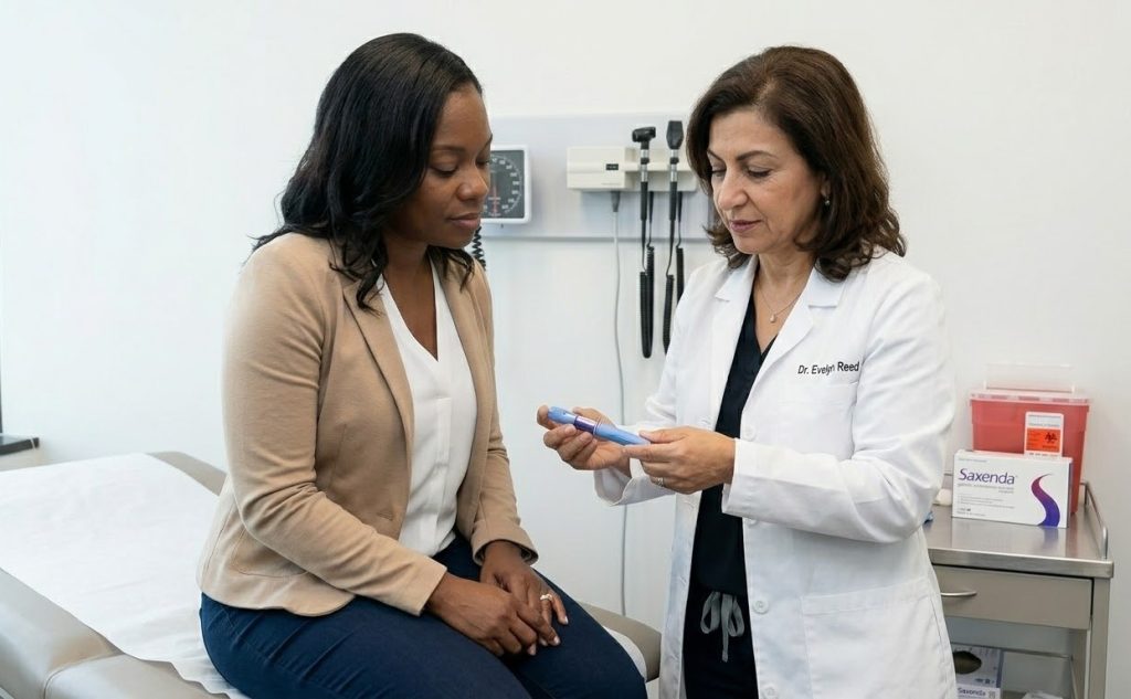 Patient and nurse at a Houston medical clinic reviewing Saxenda coverage Houston options and pen training.