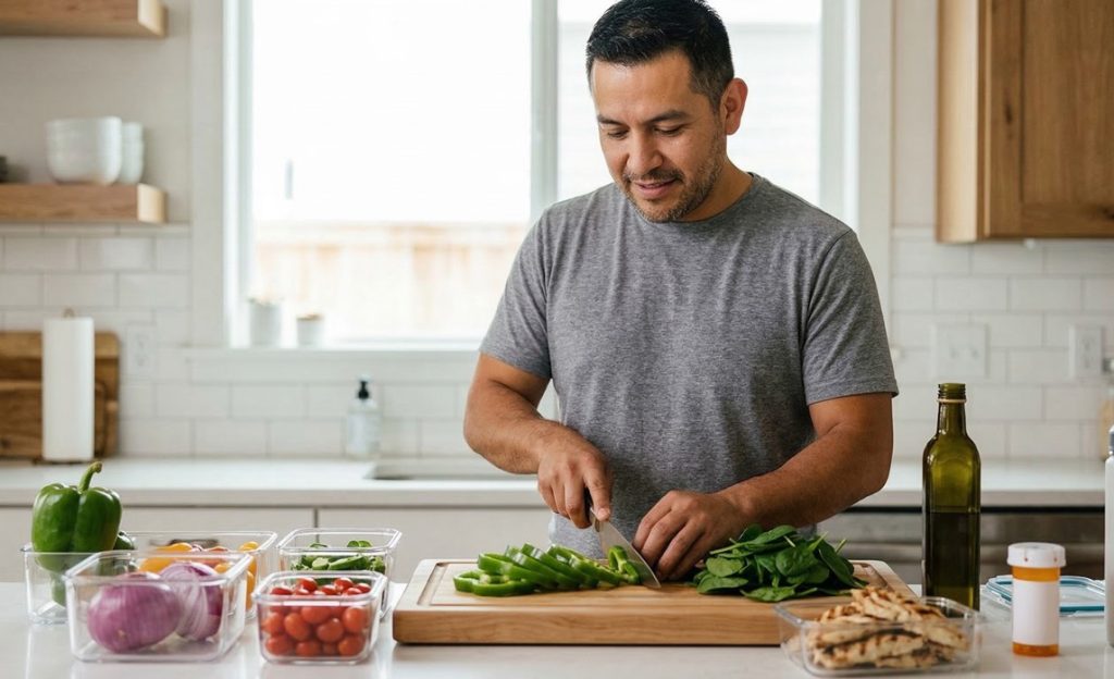 Smiling man cooking healthy meals while on a weight loss program with compounded semaglutide Houston.