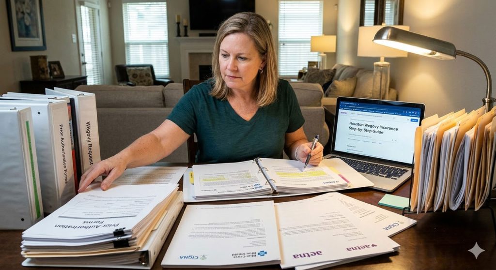 A woman at a desk organizes required forms for a Wegovy insurance prior authorization process.