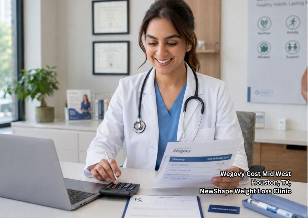 Doctor consulting a patient and showing savings options on a tablet while discussing wegovy cost Houston in clinic.