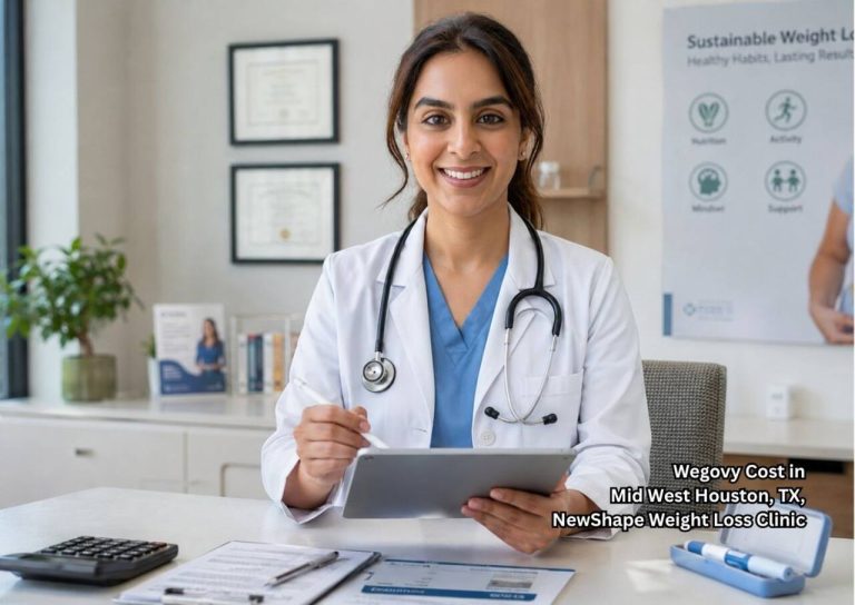 Doctor holding a tablet in a clinic office explaining savings options and wegovy cost Houston for weight loss care.