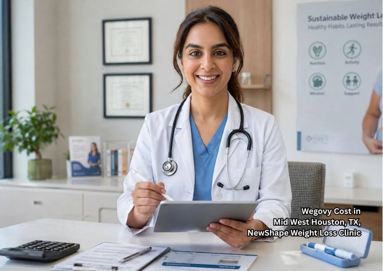 Doctor holding a tablet in a clinic office explaining savings options and wegovy cost Houston for weight loss care.