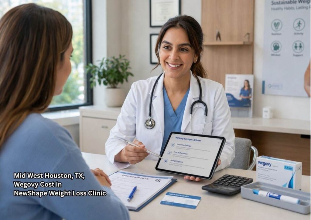 Doctor reviewing a Wegovy price comparison with a calculator and laptop to help manage wegovy cost Houston for patients.
