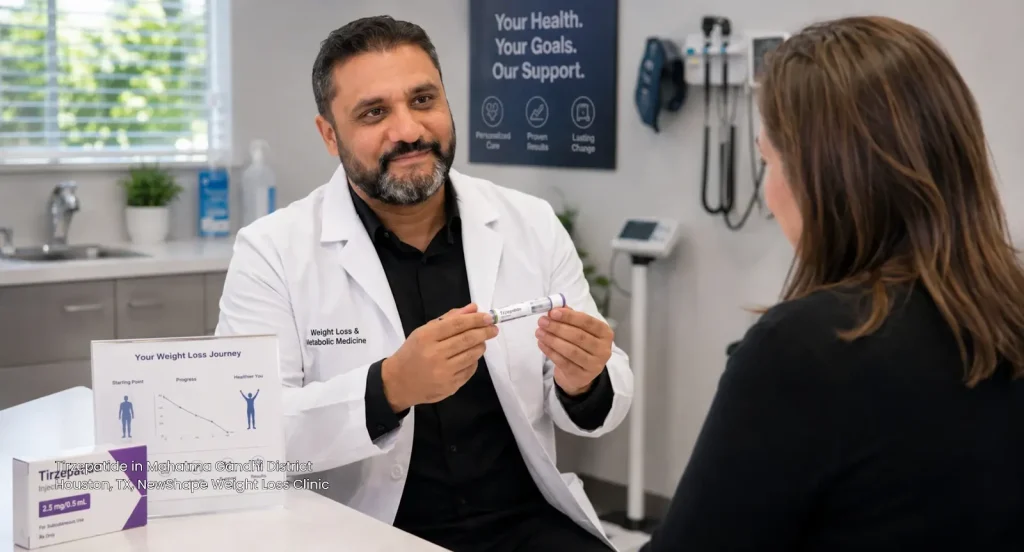 A doctor presenting a weight loss injection pen to a patient receiving Tirzepatide Houston clinical care. 