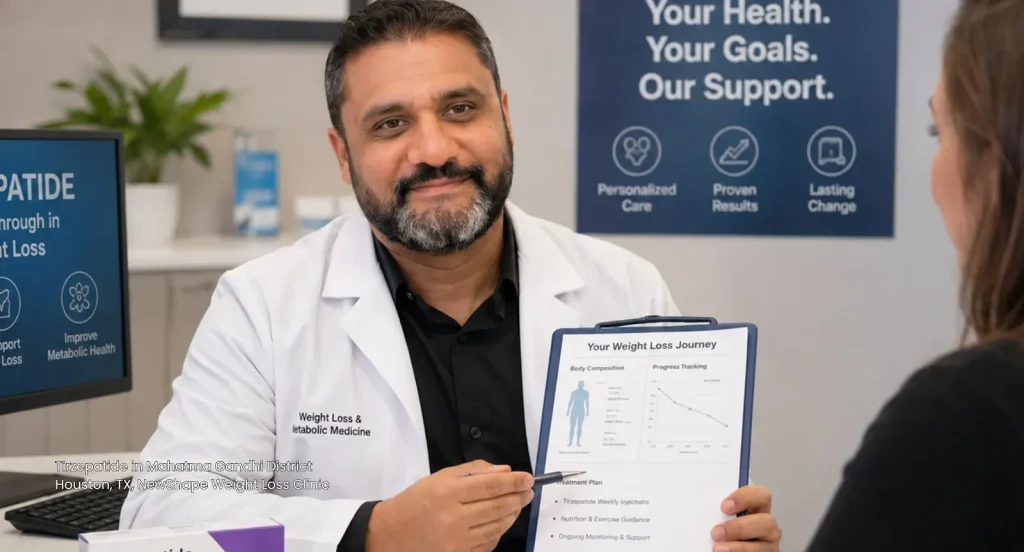 Medical professional showing a patient a personalized treatment plan for Tirzepatide Houston weight loss care.