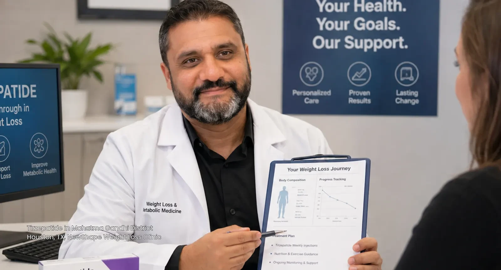 Medical professional showing a patient a personalized treatment plan for Tirzepatide Houston weight loss care.