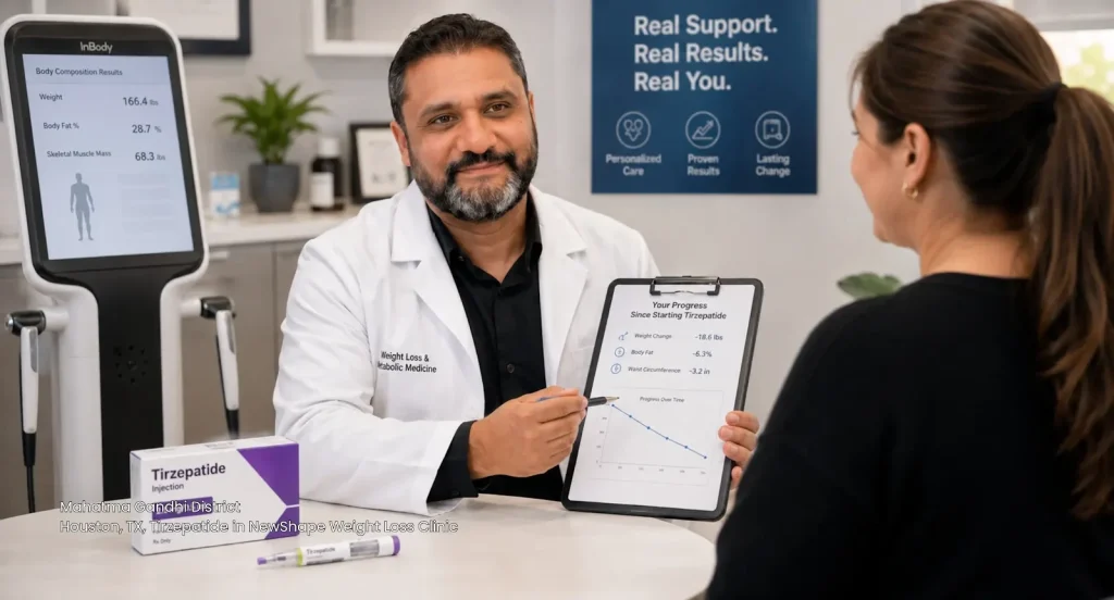 Doctor reviewing weight loss results with a patient using advanced Tirzepatide Houston medical care programs. 