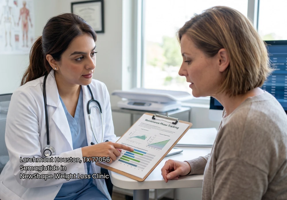 A female physician explaining a maintenance phase tracking chart to a woman during a semaglutide Houston consultation.