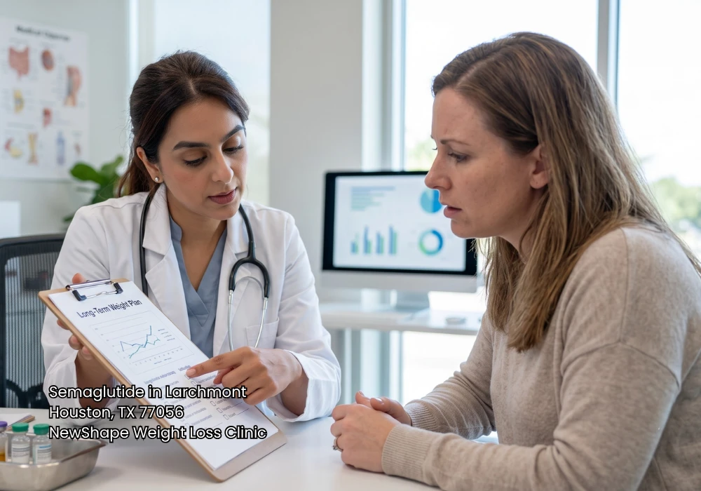 A female doctor explaining a long-term weight loss plan chart to a patient exploring semaglutide Houston clinics.