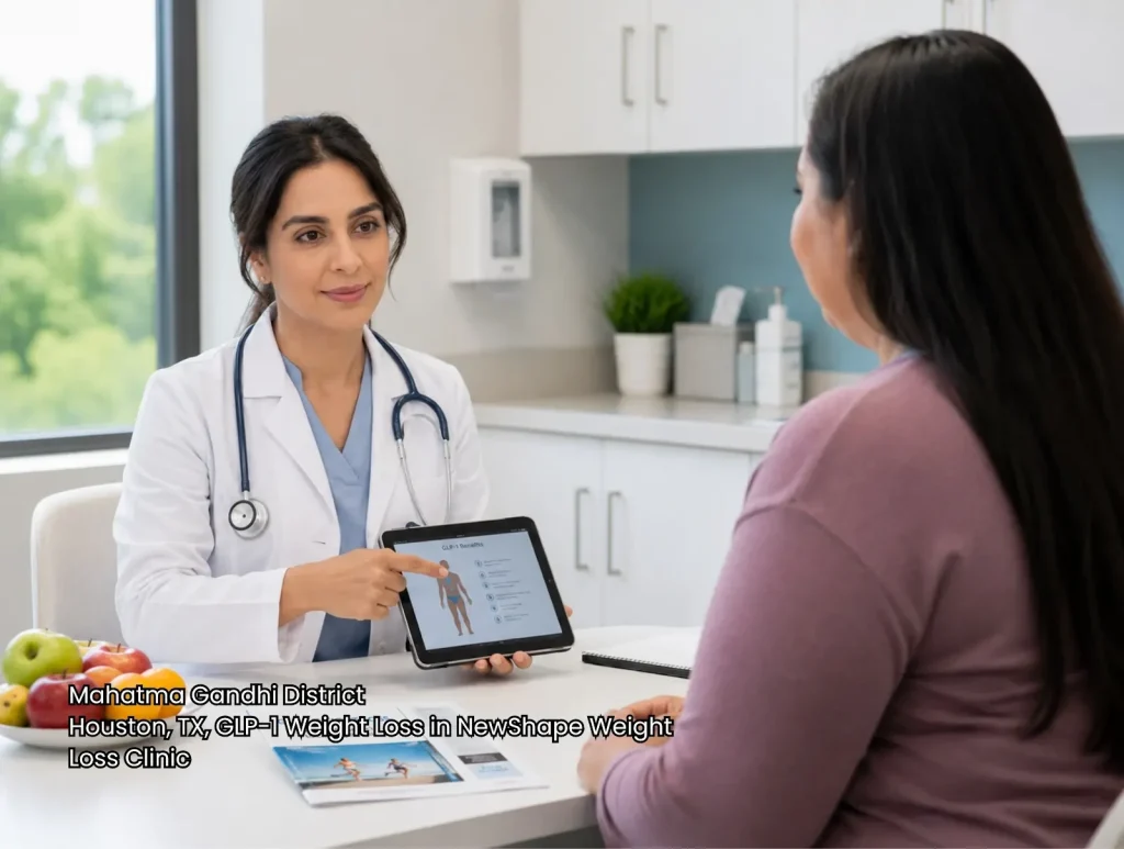 Doctor showing treatment plan on tablet for GLP-1 weight loss Houston at NewShape Clinic in Mahatma Gandhi District. 