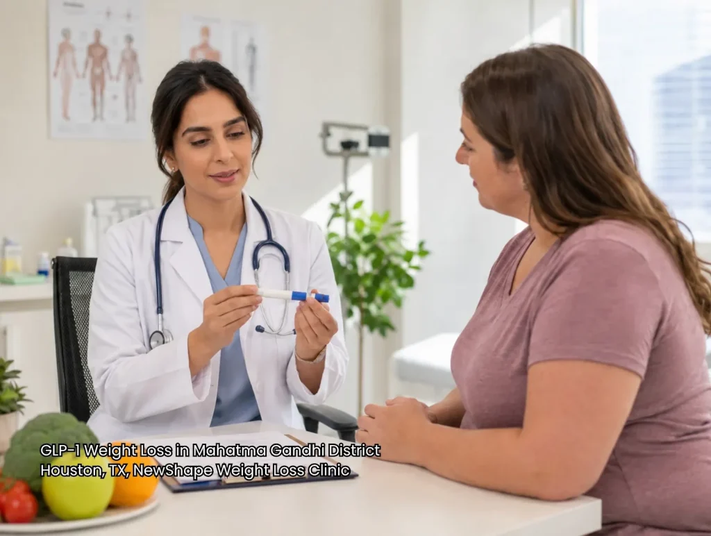 Doctor explaining pen medication during a GLP-1 weight loss Houston consultation at NewShape Weight Loss Clinic. 