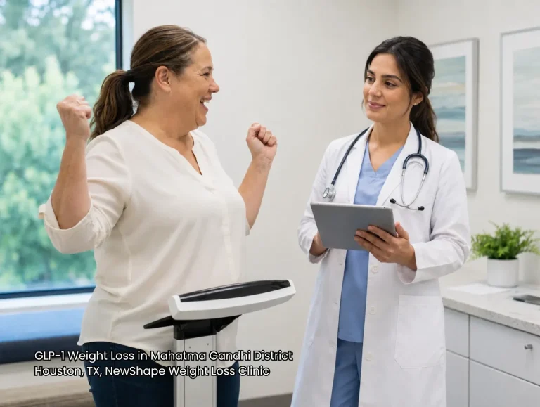 Happy patient celebrating GLP-1 weight loss Houston progress on scale with doctor at NewShape Weight Loss Clinic.