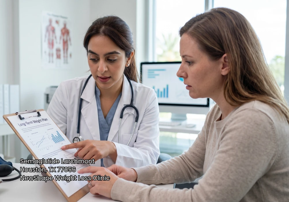 A medical professional pointing to a weight loss progress chart during a patient consultation for semaglutide Houston.