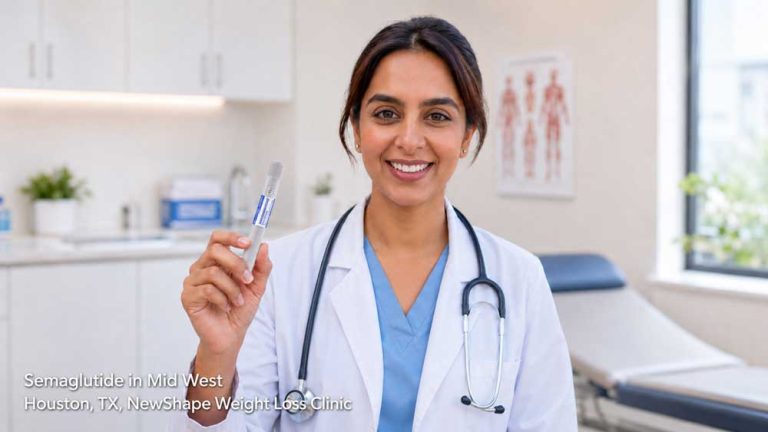 A friendly female doctor holding a Semaglutide injection pen during a consultation at a weight loss clinic.