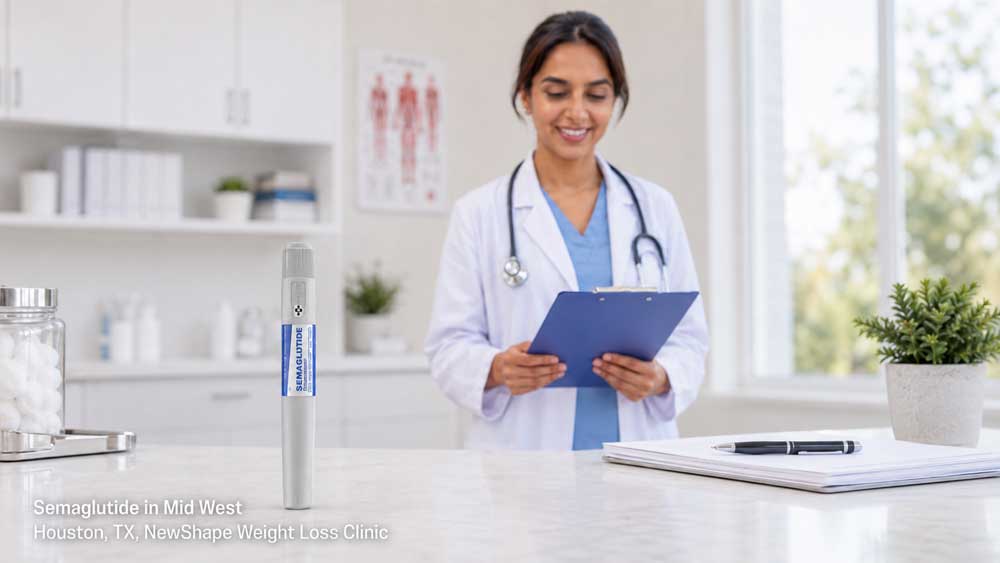 A smiling female doctor looking at a clipboard with a Semaglutide injection pen in a Houston weight loss clinic.