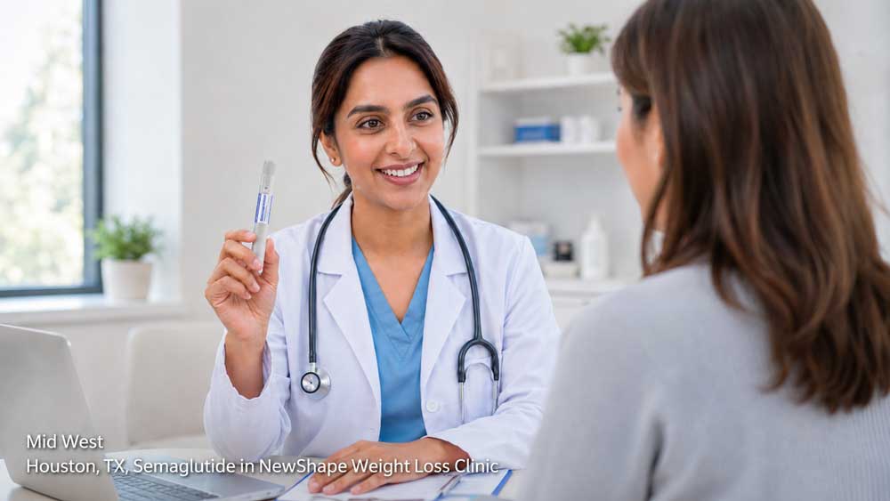 Smiling female doctor consulting a patient while holding a Semaglutide injection pen at a weight loss clinic.