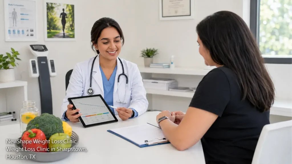 Nutritionist using a tablet to explain diet plans to a patient at a weight loss clinic houston office during a consultation.